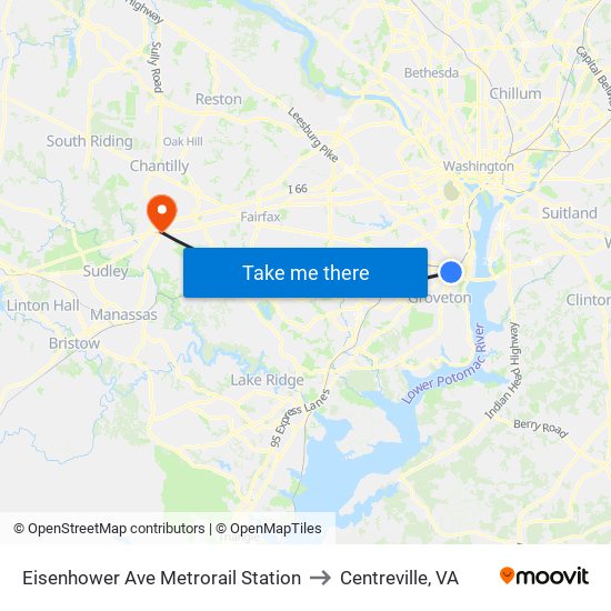 Eisenhower Ave Metrorail Station to Centreville, VA map