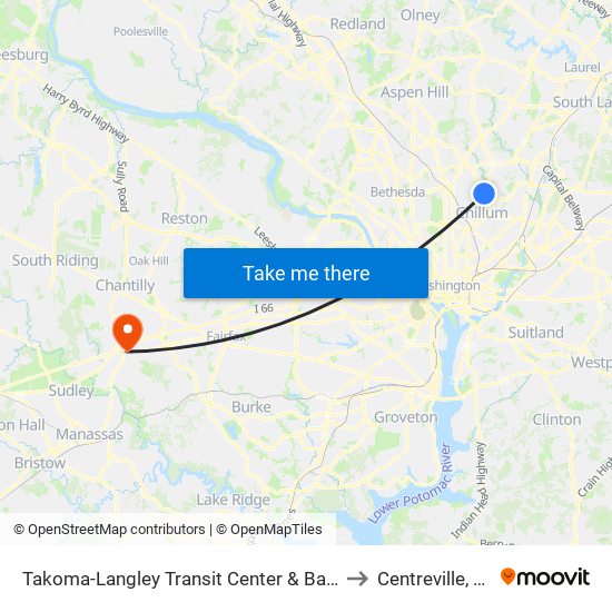 Takoma-Langley Transit Center & Bay E to Centreville, VA map