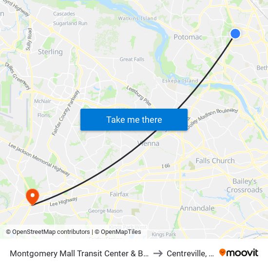 Montgomery Mall Transit Center & Bay D to Centreville, VA map