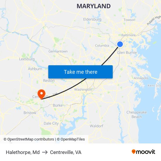 Halethorpe, Md to Centreville, VA map