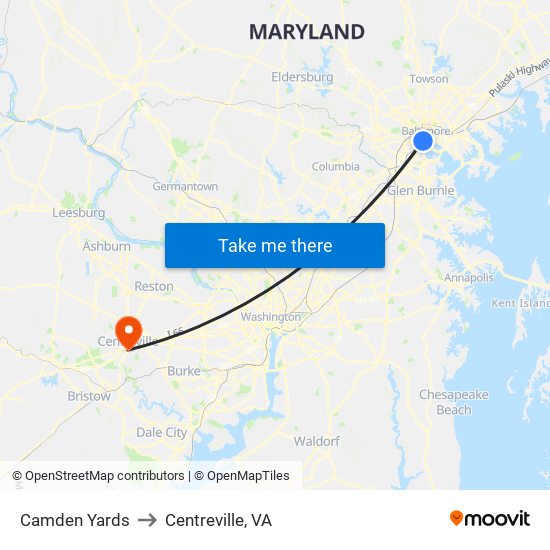 Camden Yards to Centreville, VA map