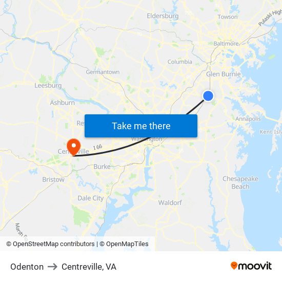 Odenton to Centreville, VA map