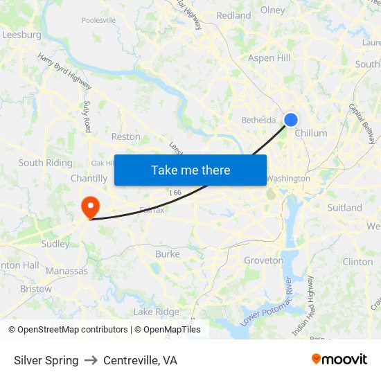 Silver Spring to Centreville, VA map