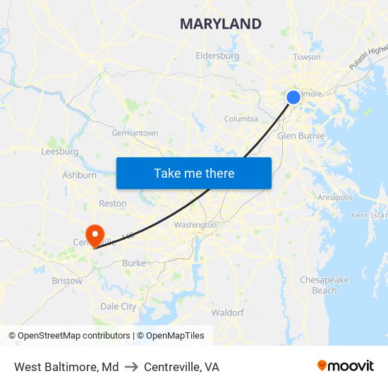West Baltimore, Md to Centreville, VA map