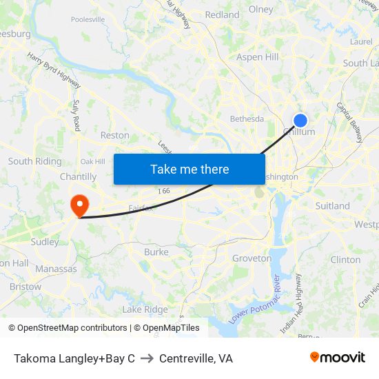 Takoma Langley+Bay C to Centreville, VA map