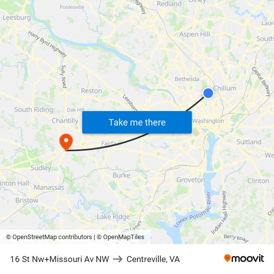 16 St Nw+Missouri Av NW to Centreville, VA map