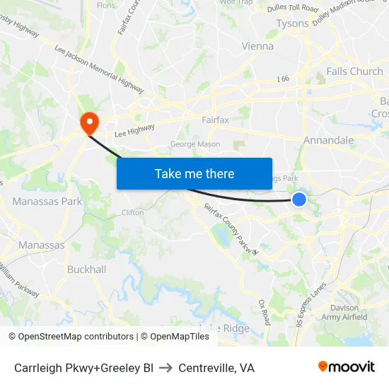 Carrleigh Pkwy+Greeley Bl to Centreville, VA map