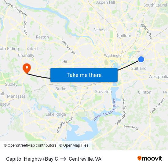 Capitol Heights+Bay C to Centreville, VA map