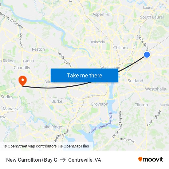 New Carrollton+Bay G to Centreville, VA map