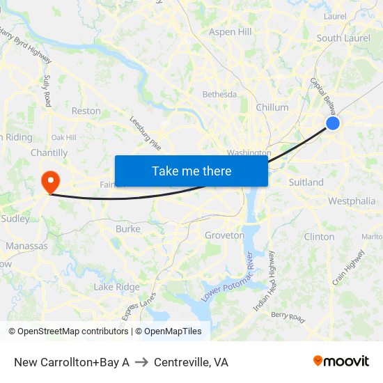 New Carrollton+Bay A to Centreville, VA map