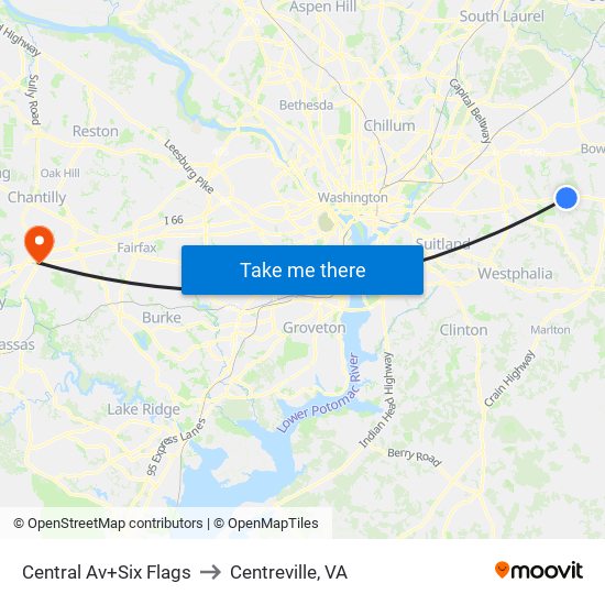 Central Av+Six Flags to Centreville, VA map