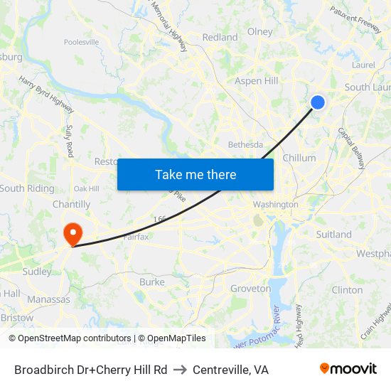 Broadbirch Dr+Cherry Hill Rd to Centreville, VA map