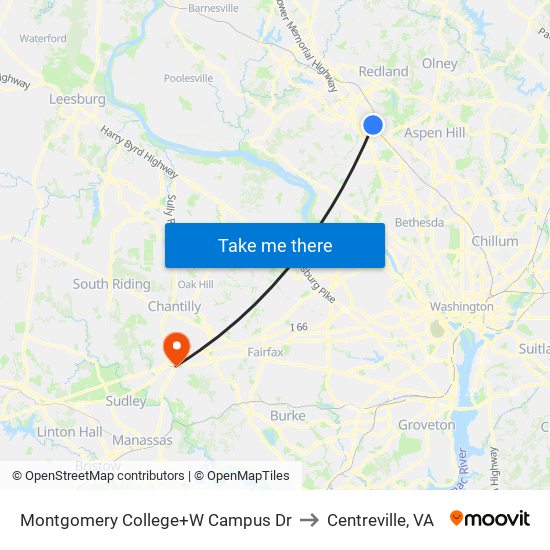 Montgomery College+W Campus Dr to Centreville, VA map