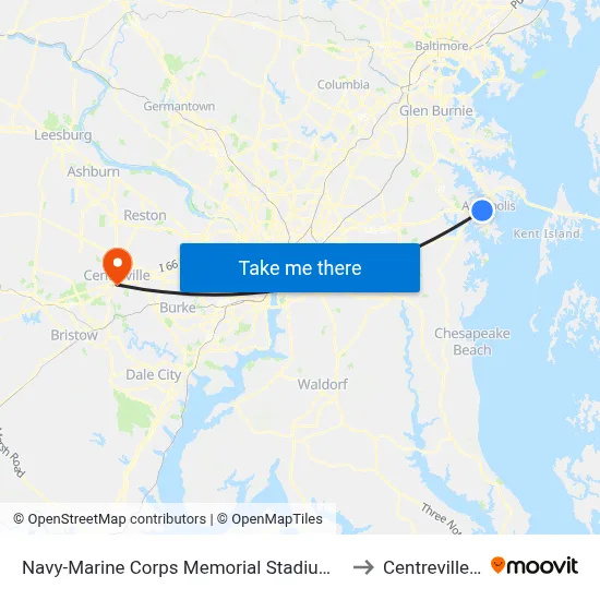 Navy-Marine Corps Memorial Stadium (Stop 1) to Centreville, VA map