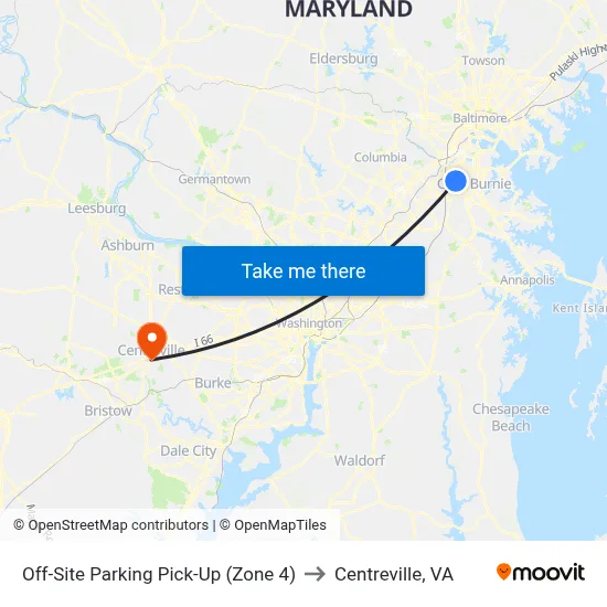 Off-Site Parking Pick-Up (Zone 4) to Centreville, VA map
