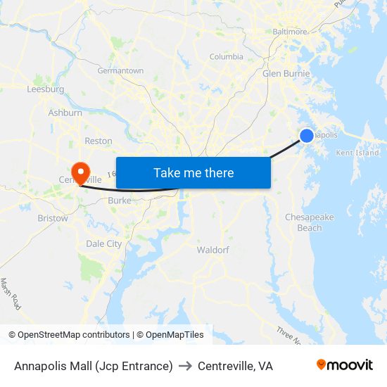 Annapolis Mall (Jcp Entrance) to Centreville, VA map
