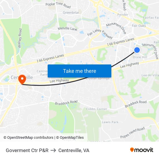 Goverment Ctr P&R to Centreville, VA map