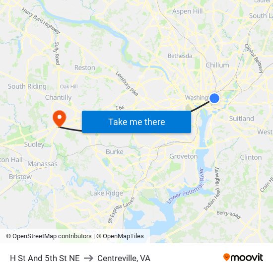 H St And 5th St NE to Centreville, VA map