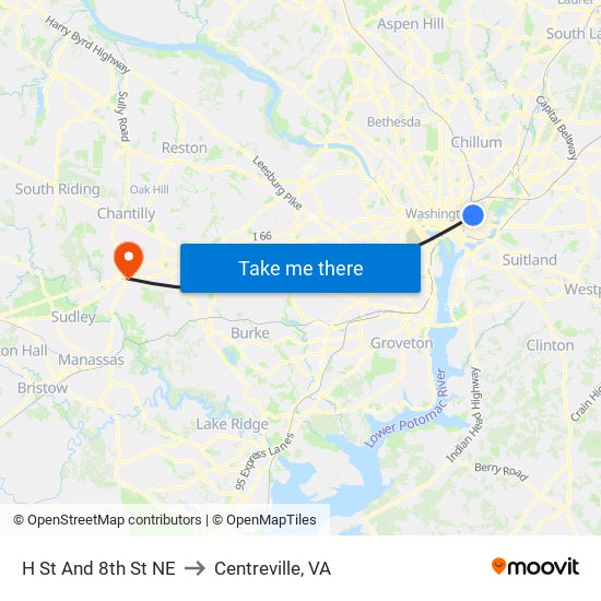 H St And 8th St NE to Centreville, VA map