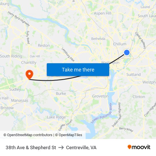 38th Ave & Shepherd St to Centreville, VA map