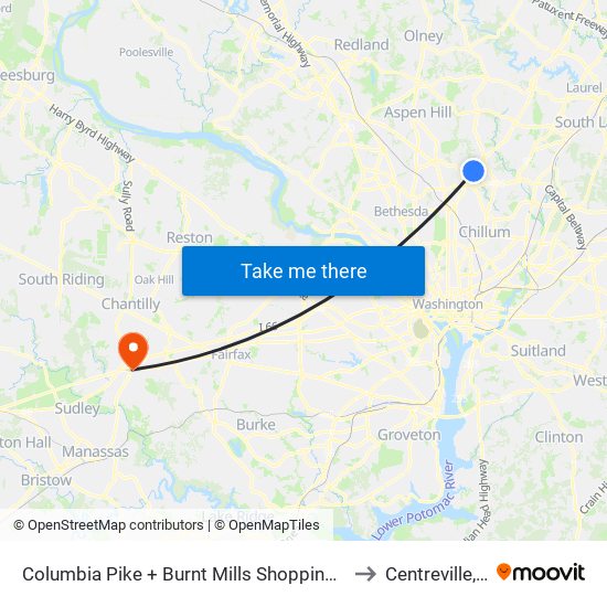 Columbia Pike + Burnt Mills Shopping Center to Centreville, VA map