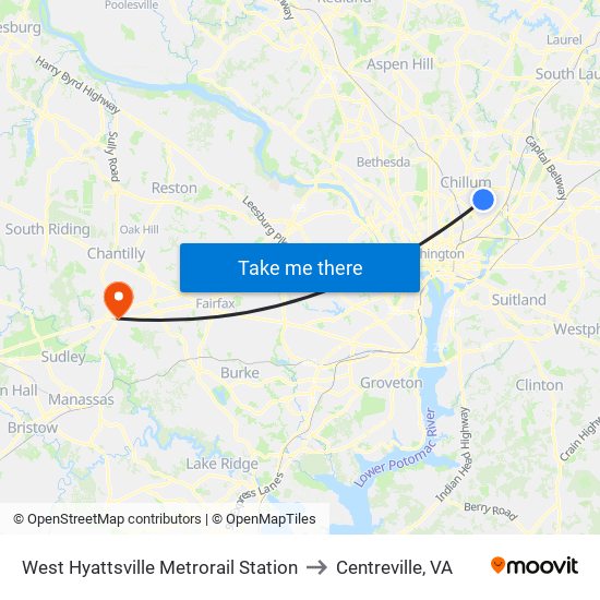 West Hyattsville Metrorail Station to Centreville, VA map