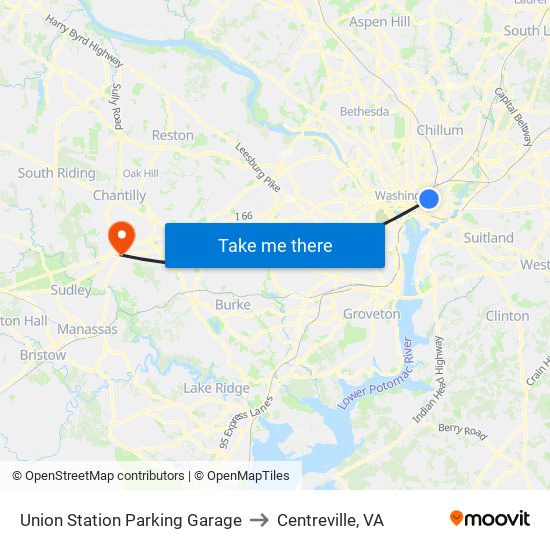 Union Station Parking Garage to Centreville, VA map