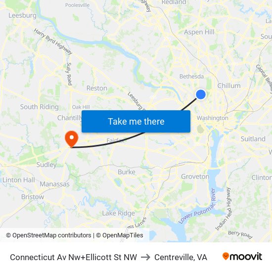 Connecticut Av Nw+Ellicott St NW to Centreville, VA map