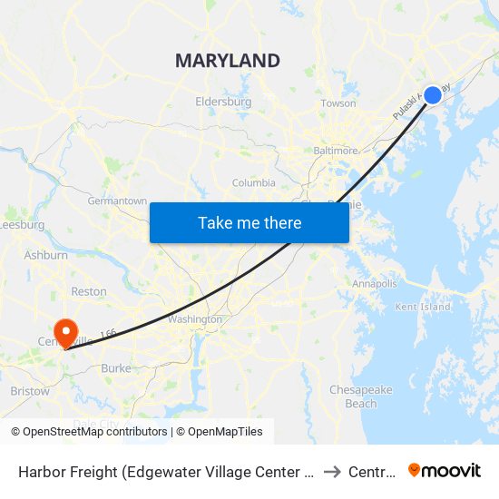 Harbor Freight (Edgewater Village Center / 1807 Pulaski Hwy / Stop Is on Us 40) to Centreville, VA map