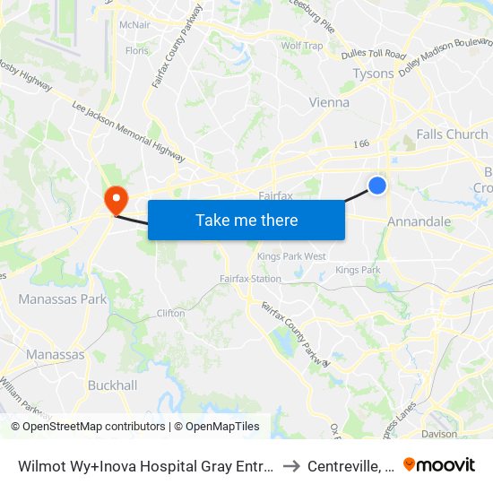 Wilmot Wy+Inova Hospital Gray Entrance to Centreville, VA map