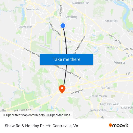 Shaw Rd & Holiday Dr to Centreville, VA map