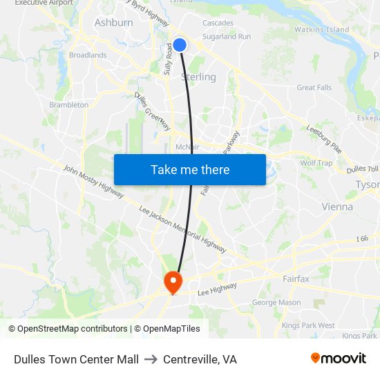 Dulles Town Center Mall to Centreville, VA map