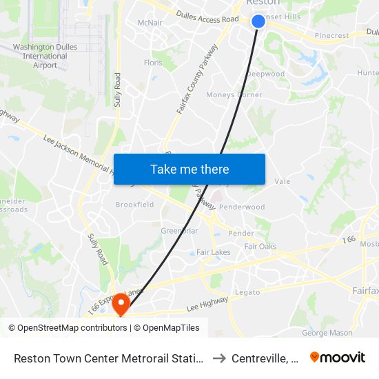 Reston Town Center Metrorail Station to Centreville, VA map