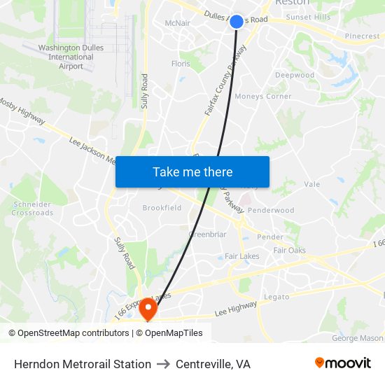 Herndon Metrorail Station to Centreville, VA map