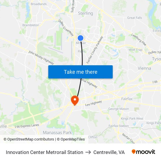 Innovation Center Metrorail Station to Centreville, VA map