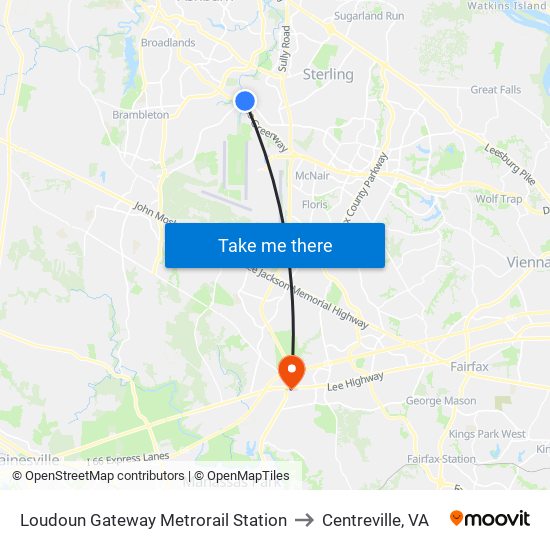 Loudoun Gateway Metrorail Station to Centreville, VA map