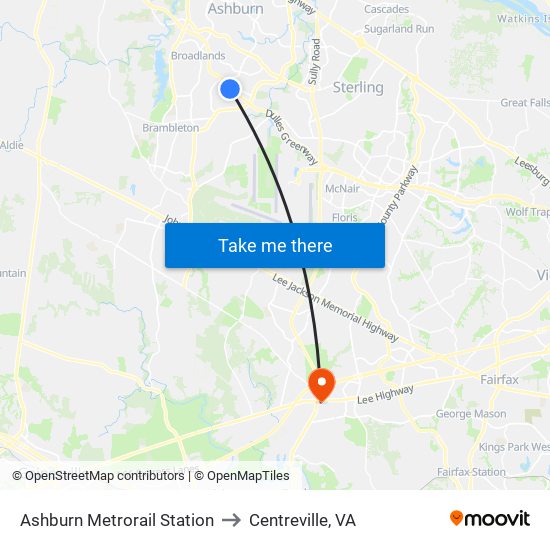 Ashburn Metrorail Station to Centreville, VA map
