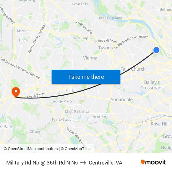 Military Rd Nb @ 36th Rd N Ns to Centreville, VA map