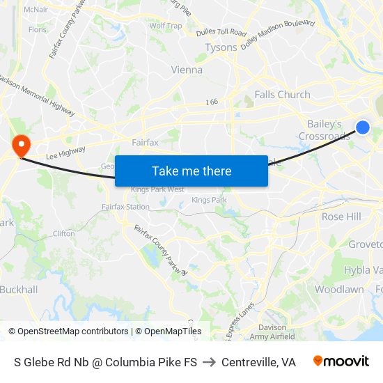 S Glebe Rd Nb @ Columbia Pike FS to Centreville, VA map