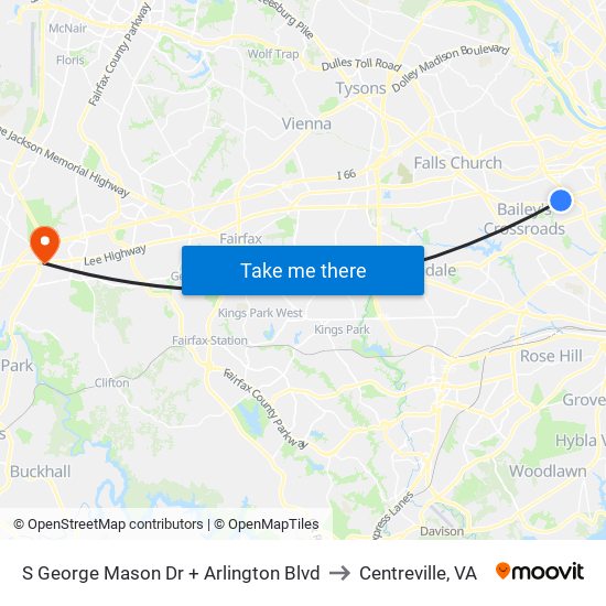 S George Mason Dr + Arlington Blvd to Centreville, VA map