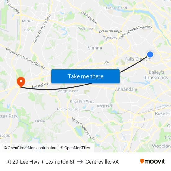 Rt 29 Lee Hwy + Lexington St to Centreville, VA map