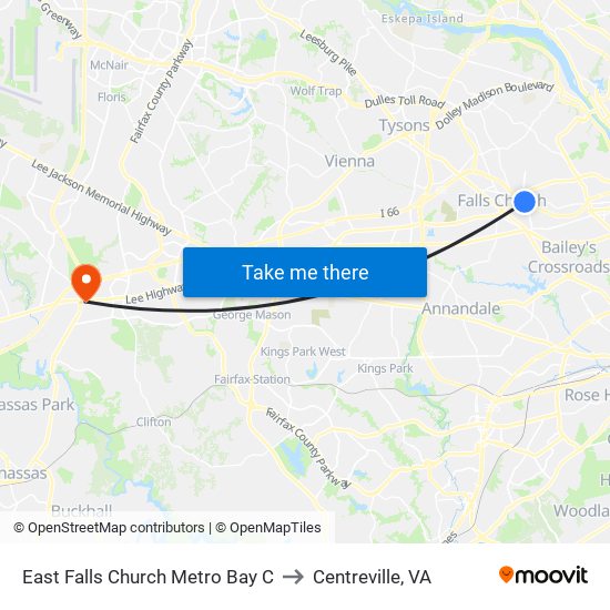 East Falls Church Metro Bay C to Centreville, VA map