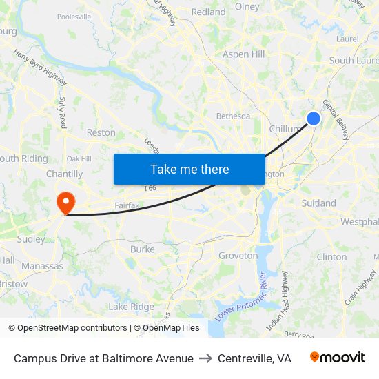 Campus Drive at Baltimore Avenue to Centreville, VA map