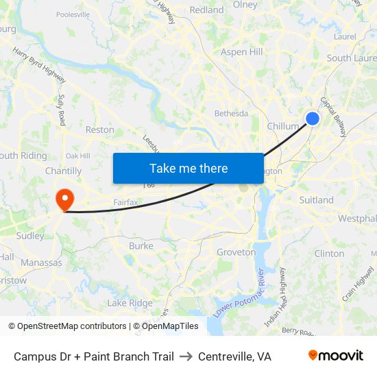 Campus Dr + Paint Branch Trail to Centreville, VA map