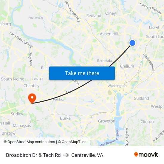 Broadbirch Dr & Tech Rd to Centreville, VA map