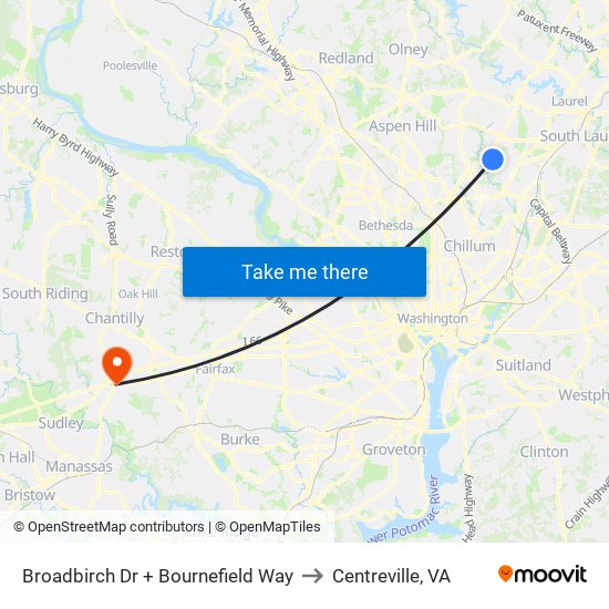 Broadbirch Dr + Bournefield Way to Centreville, VA map