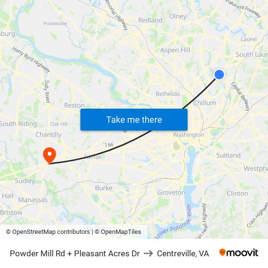 Powder Mill Rd + Pleasant Acres Dr to Centreville, VA map