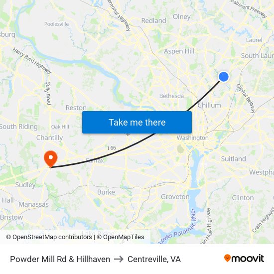 Powder Mill Rd & Hillhaven to Centreville, VA map