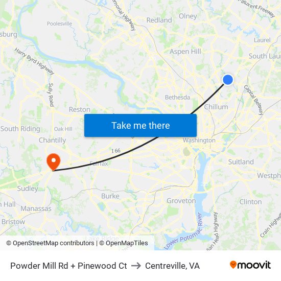 Powder Mill Rd + Pinewood Ct to Centreville, VA map