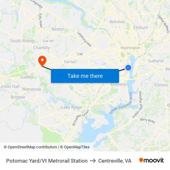 Potomac Yard/Vt Metrorail Station to Centreville, VA map